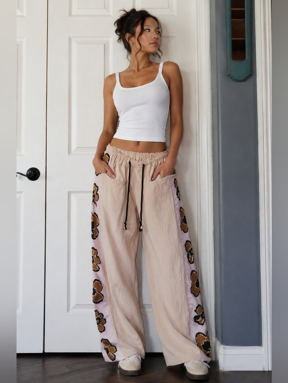 Slouchy Gazy Wide-leg Pants Baggy Floral Mixed Media Pull-on Preppy Festival Lrg